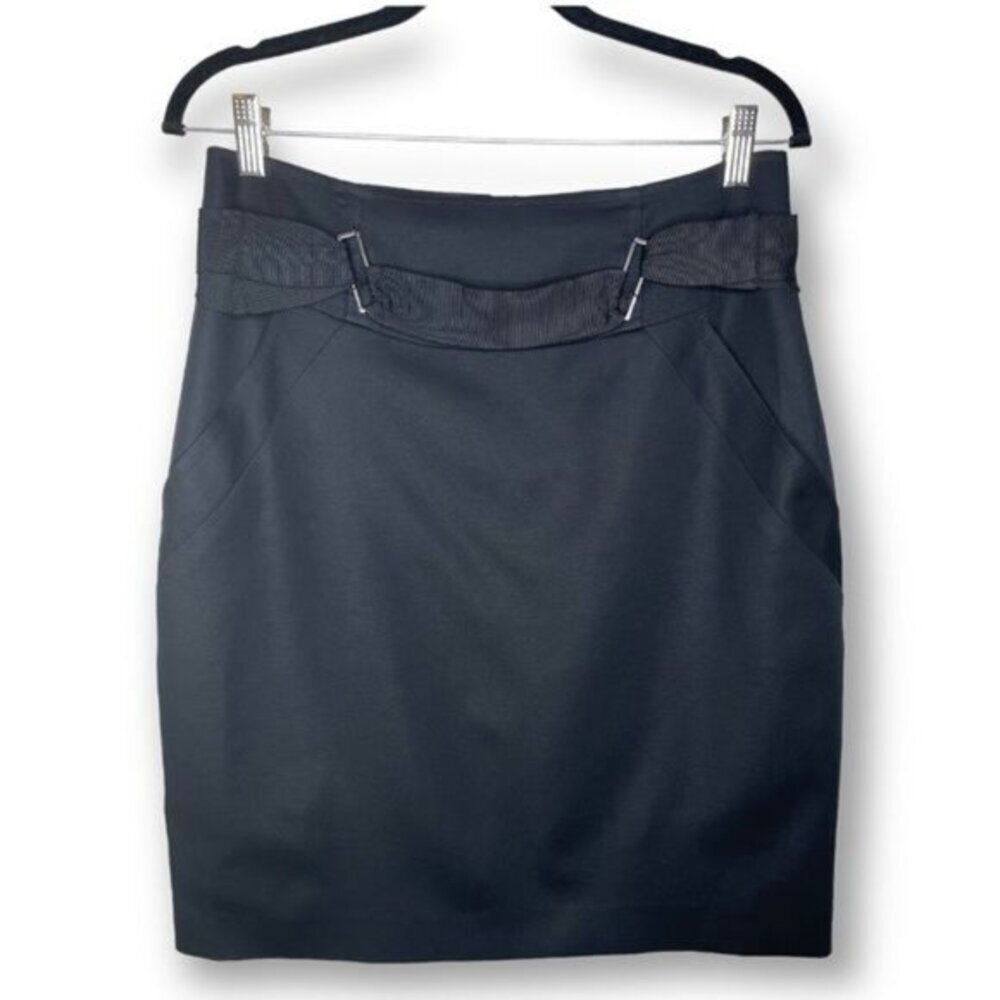T Tahari Size 10 Short Stretch Belted Black Pencil Skirt Career Event Pockets